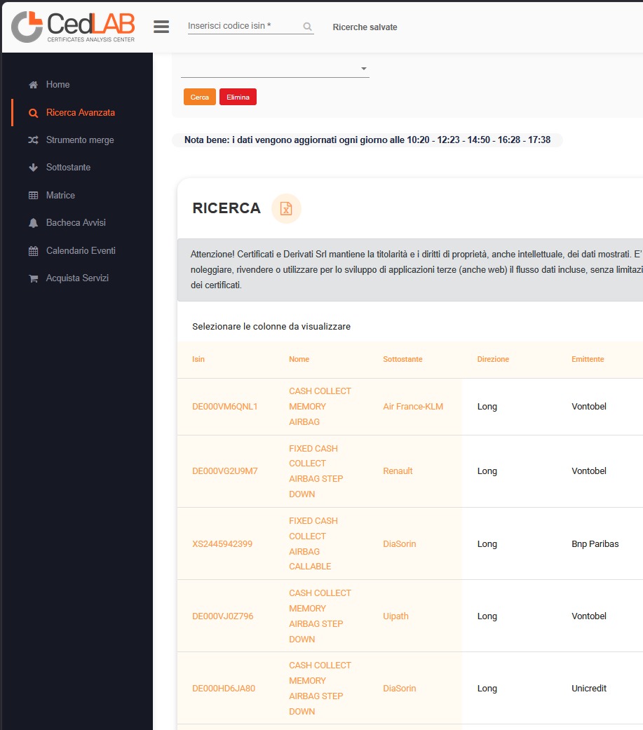 Interfaccia CedLab con la ricerca avanzata dei certificati